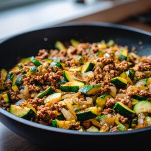 A close-up view of a ground turkey zucchini skillet with chopped zucchini, onions, and seasoned ground turkey.