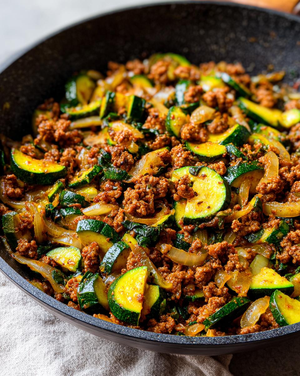 A close-up of a ground turkey zucchini skillet, showing browned ground turkey, sliced zucchini, and onions.