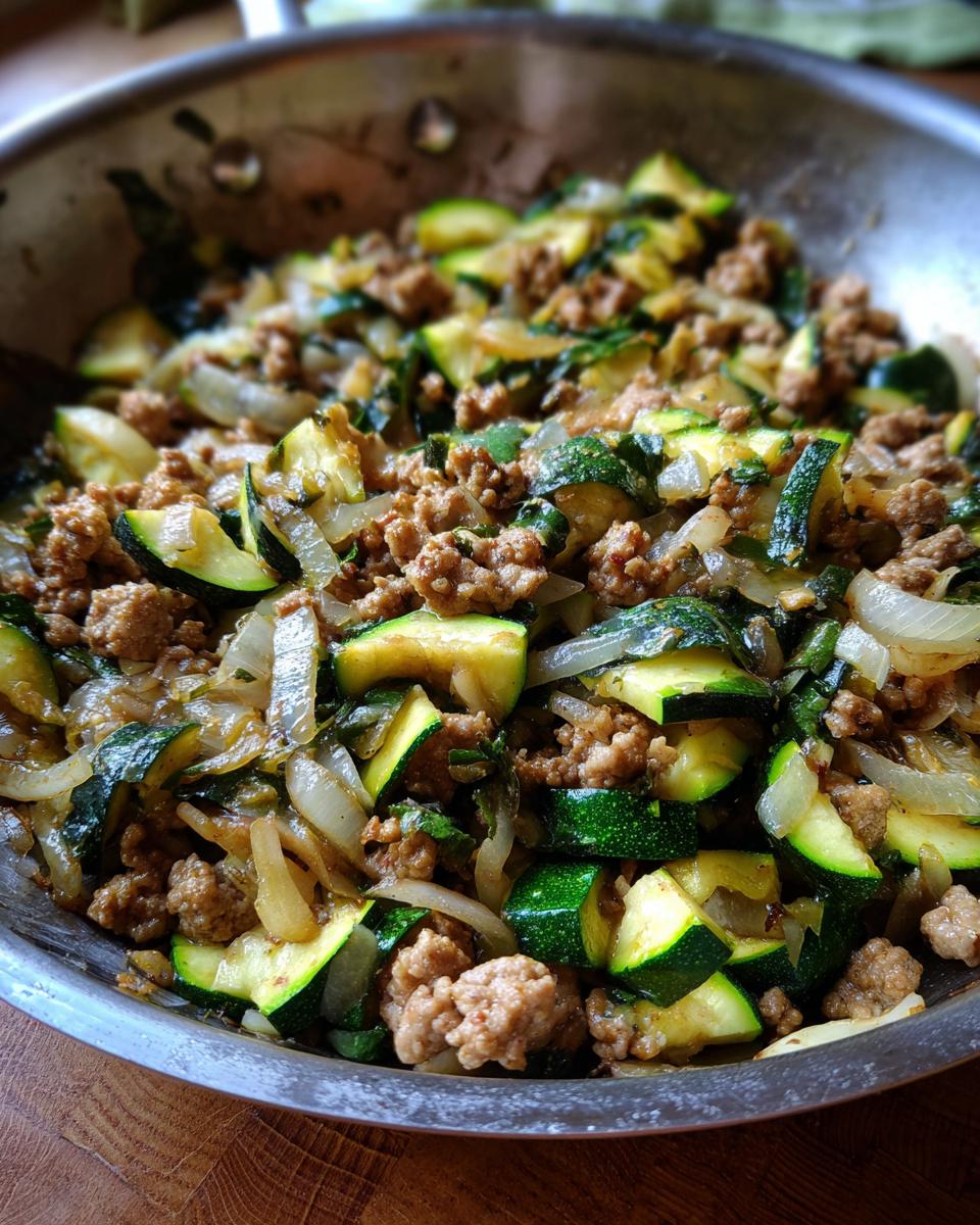 Close-up of a ground turkey zucchini skillet with chopped zucchini, onions, and ground turkey.