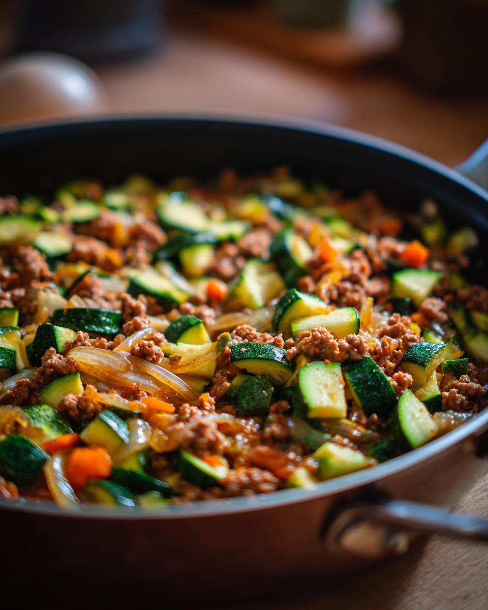 A close-up of a ground turkey zucchini skillet, filled with chopped zucchini, ground turkey, and onions.