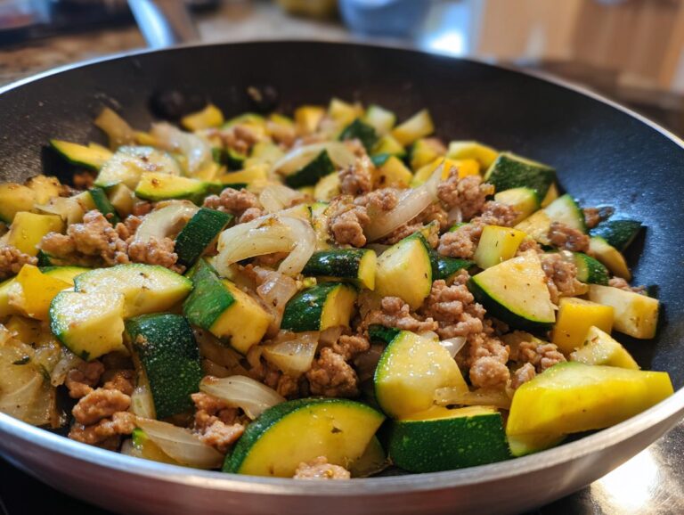 Close-up of ground turkey zucchini skillet with onions and spices in a pan.