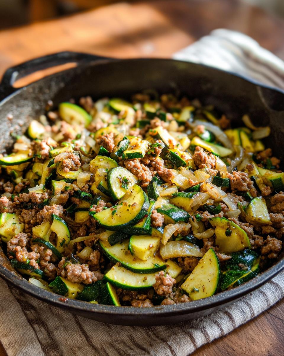 A close-up of a ground turkey zucchini skillet, showcasing cooked ground turkey, sliced zucchini, and onions in a cast iron pan.