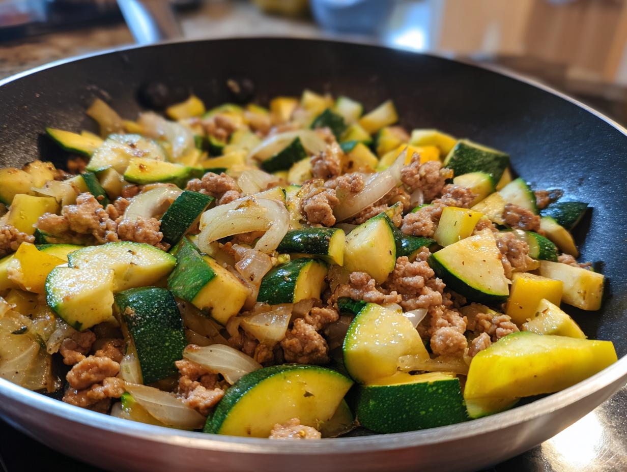 Close-up of ground turkey zucchini skillet with onions and spices in a pan.