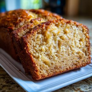 Close-up of a moist Hawaiian banana bread loaf, with a slice cut and showing the tender crumb and banana pieces.