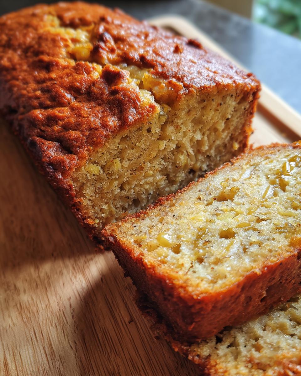 Close-up of a moist Hawaiian banana bread loaf, with one slice cut and placed in front.