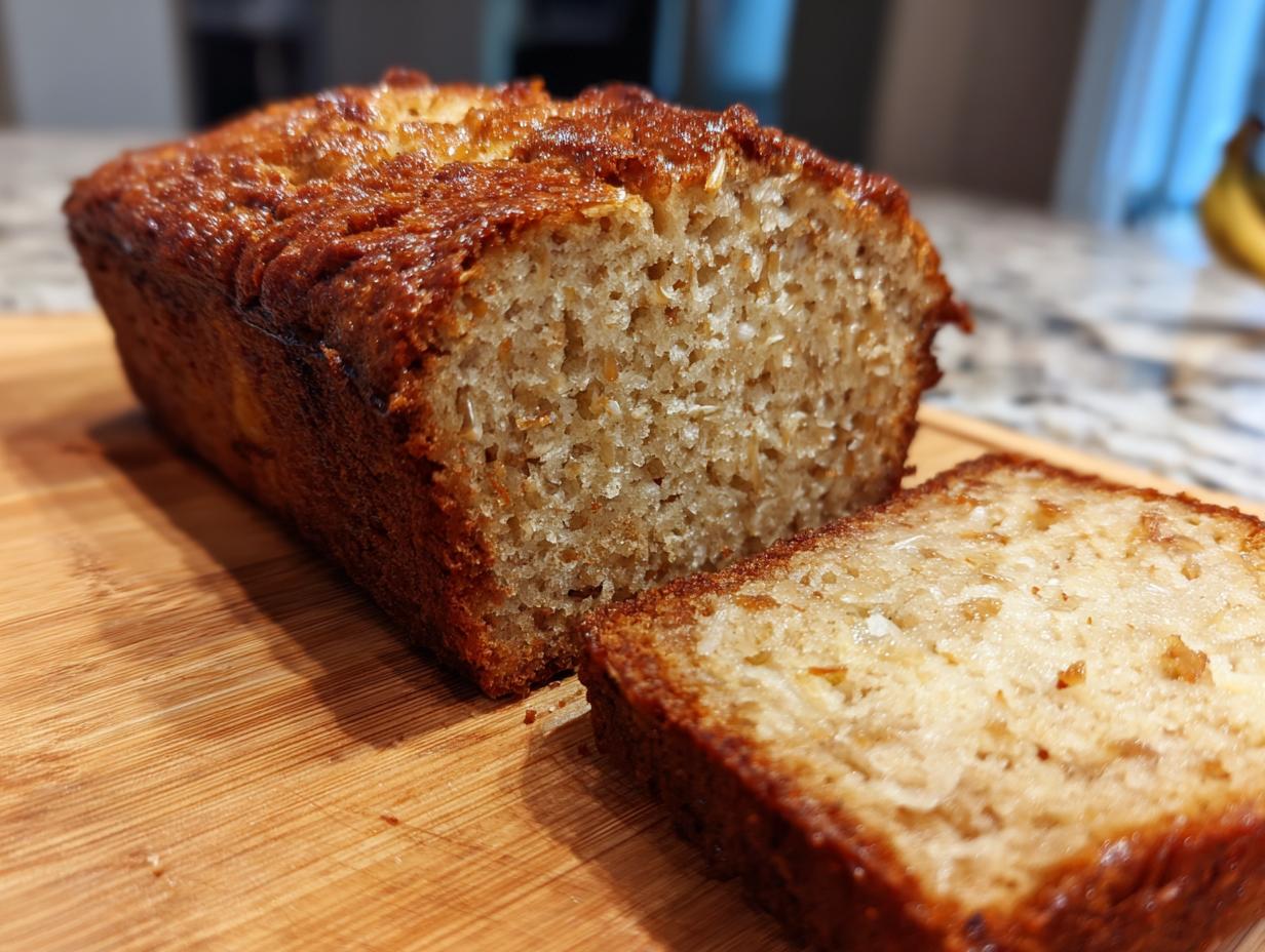 A close-up of a moist Hawaiian banana bread loaf with a slice cut, showing its texture and golden-brown crust.