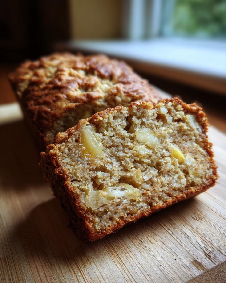 A close-up of a slice of moist Hawaiian banana bread with chunks of banana visible.