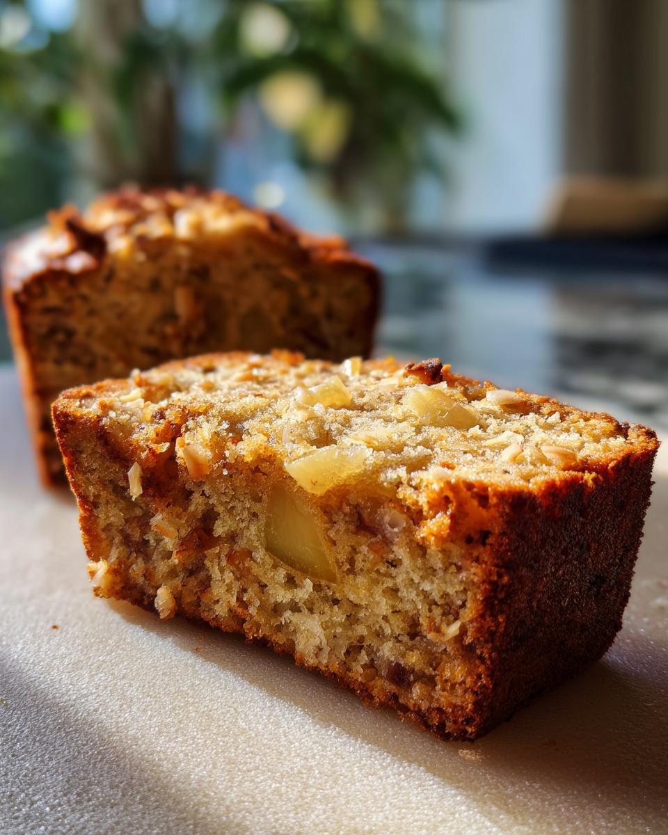 A close-up of a moist slice of Hawaiian banana bread, showing chunks of pineapple and a golden-brown crust.