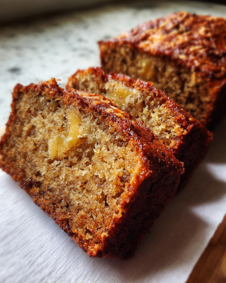 Close-up of three moist slices of Hawaiian banana bread, showcasing the texture and banana chunks.