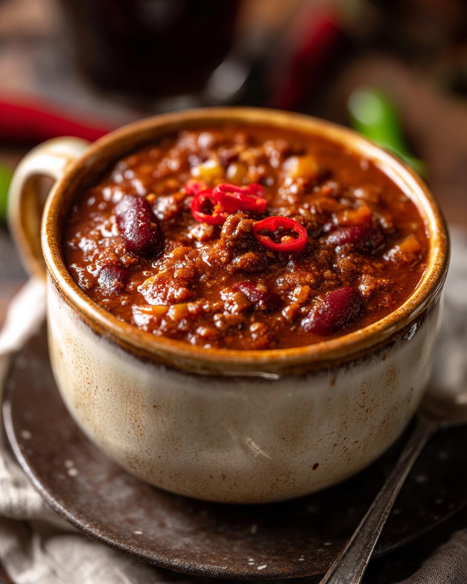 A close-up shot of a rustic bowl filled with hearty crockpot chili, garnished with sliced red chili peppers.