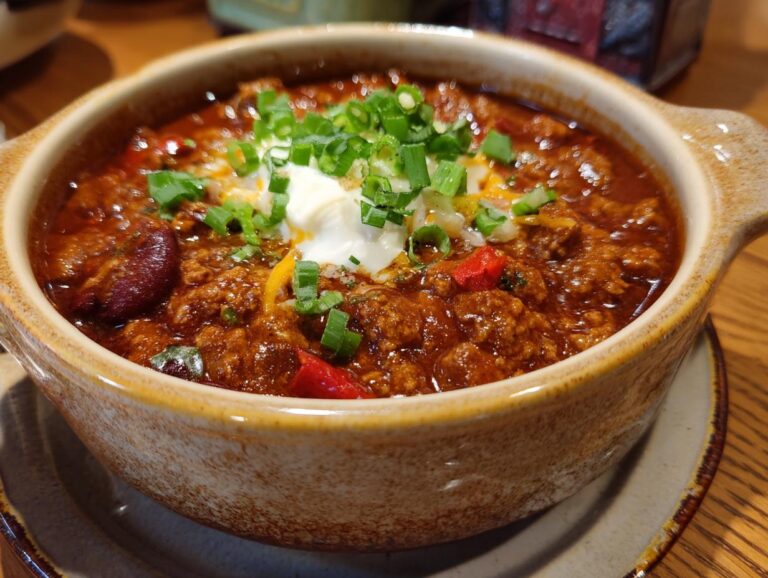 A close-up of a bowl of hearty crockpot chili, topped with a dollop of sour cream, shredded cheese, and chopped green onions.
