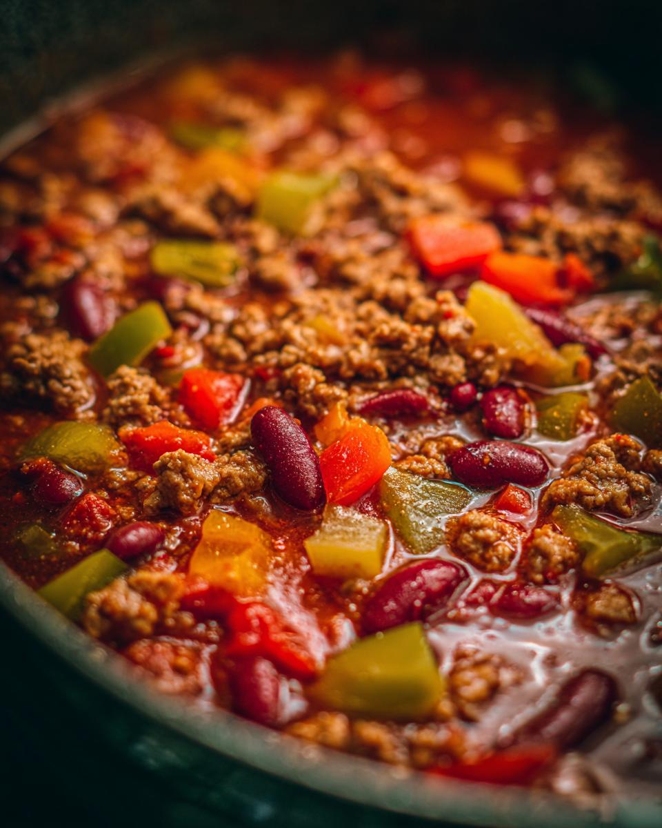 Close-up of a rich and hearty crockpot chili with ground beef, kidney beans, and diced bell peppers.