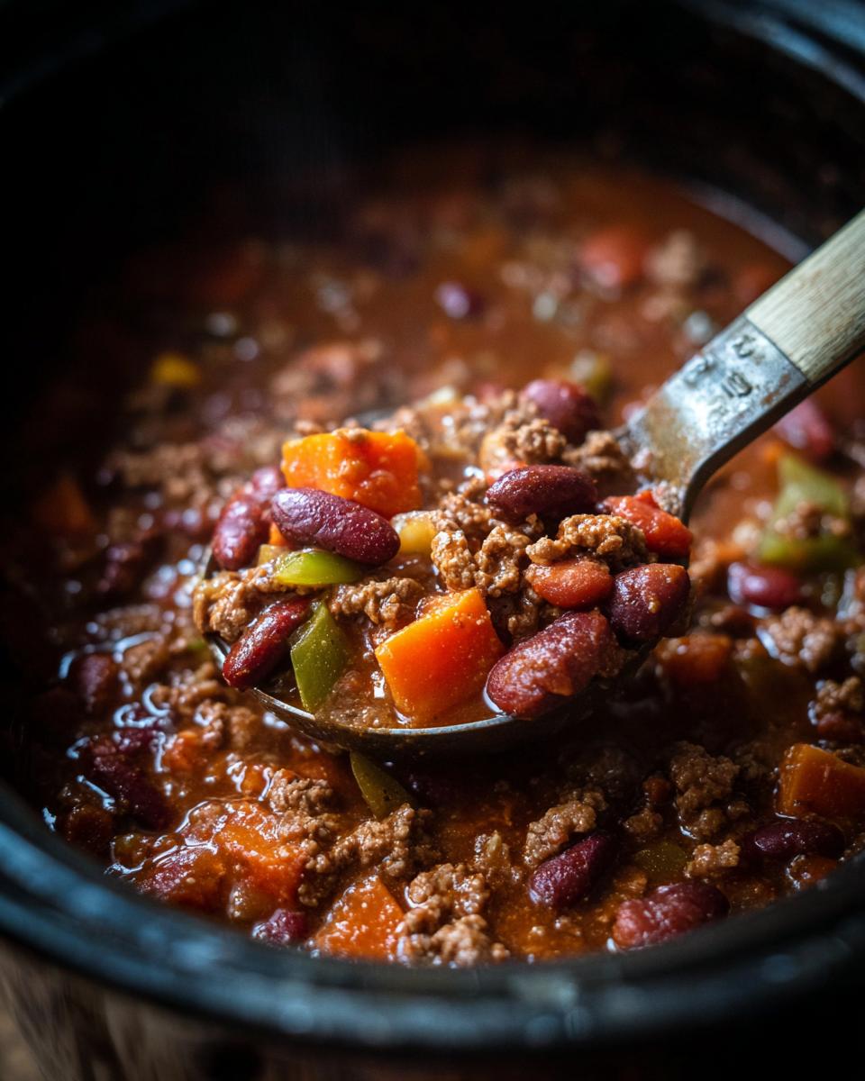 A ladle scooping out a portion of hearty crockpot chili, showing kidney beans, ground beef, and diced vegetables.