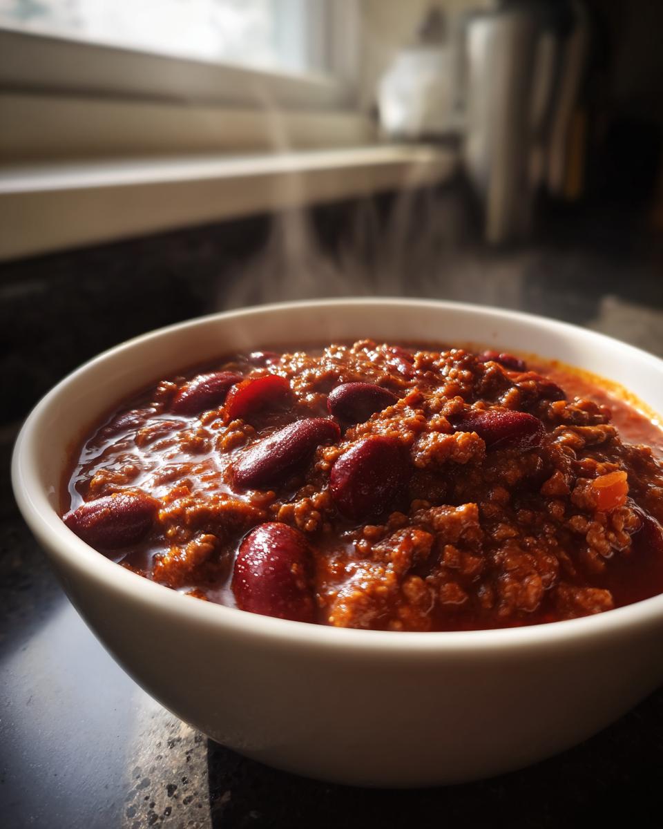 A close-up of a steaming bowl of hearty homemade chili, featuring ground meat and kidney beans.