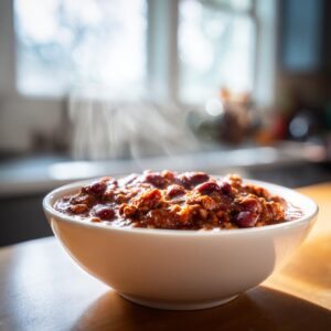 A steaming bowl of hearty homemade chili with kidney beans and ground meat.