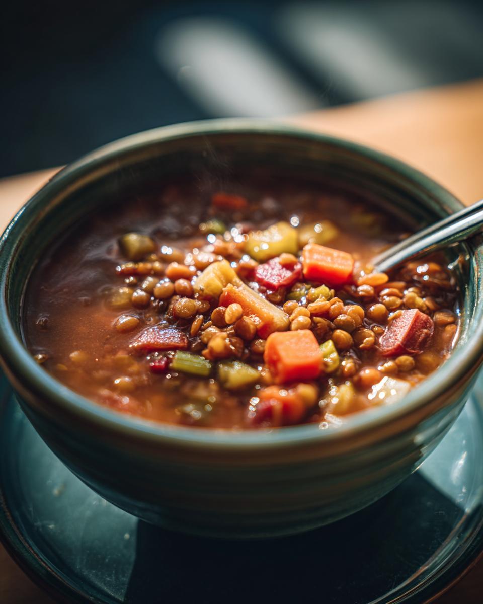 A steaming bowl of hearty lentil vegetable soup with visible lentils, carrots, and celery.