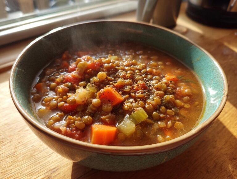 A close-up of a steaming bowl of hearty lentil vegetable soup, filled with lentils, carrots, and celery.
