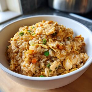 A close-up of a bowl filled with high protein chicken fried rice, featuring chicken pieces, scrambled eggs, peas, and carrots.