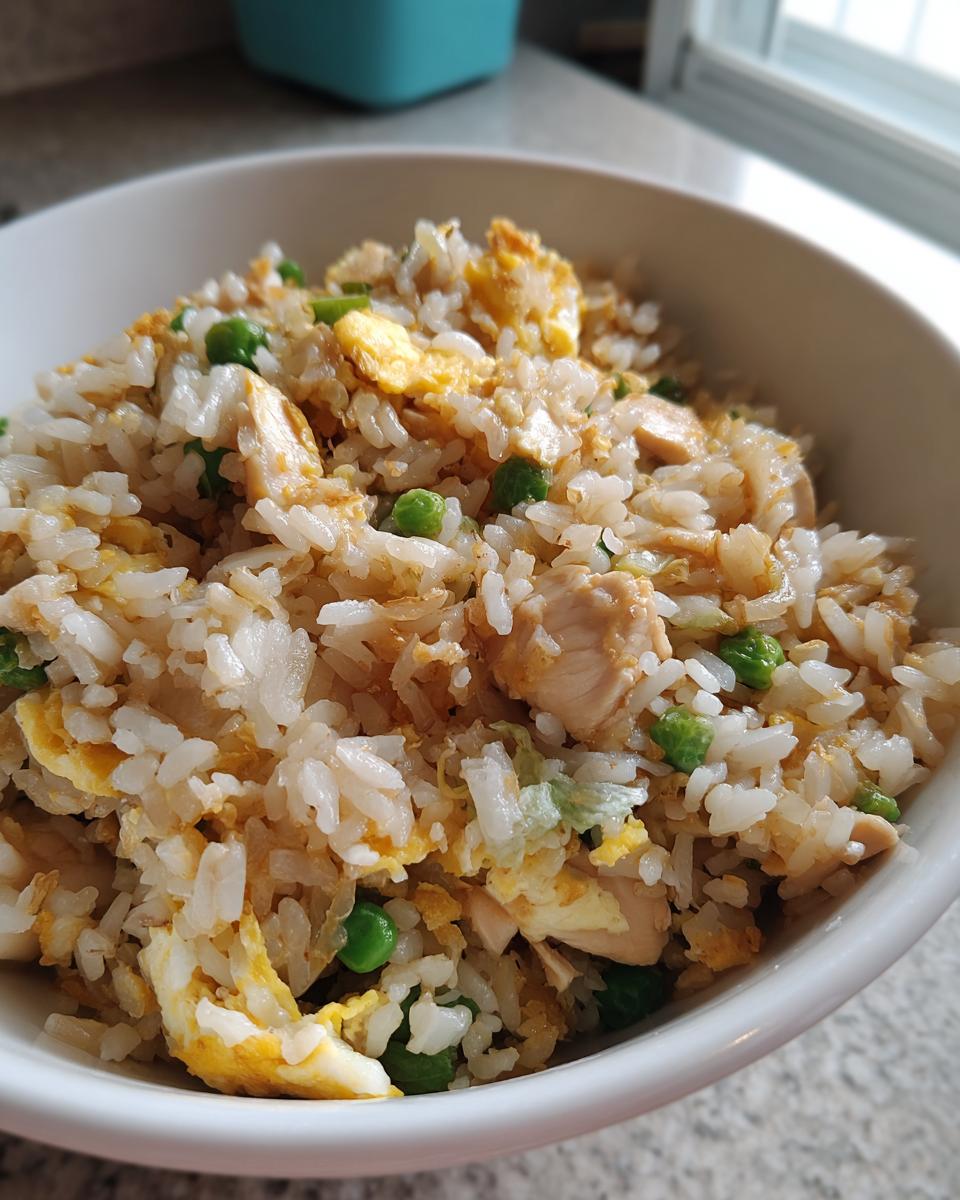 A bowl of high protein chicken fried rice with chunks of chicken, scrambled egg, and peas.
