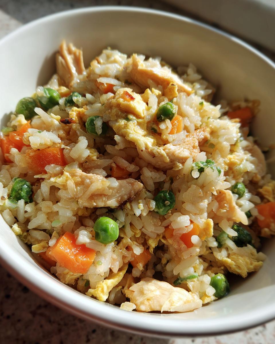 A close-up of a bowl filled with high protein chicken fried rice, featuring chicken pieces, scrambled egg, peas, and carrots.