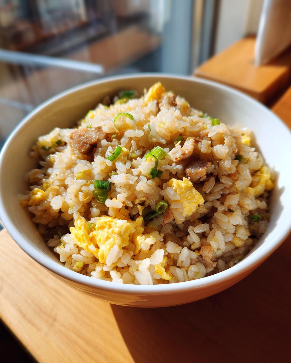 A close-up of a bowl filled with high protein chicken fried rice, featuring scrambled eggs and green onions.