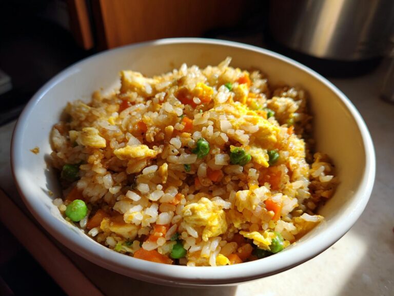 A close-up of a bowl filled with delicious high protein chicken fried rice, featuring chicken, peas, carrots, and scrambled egg.