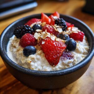 Close-up of a bowl of high protein overnight oats topped with fresh strawberries, blueberries, raspberries, and blackberries.
