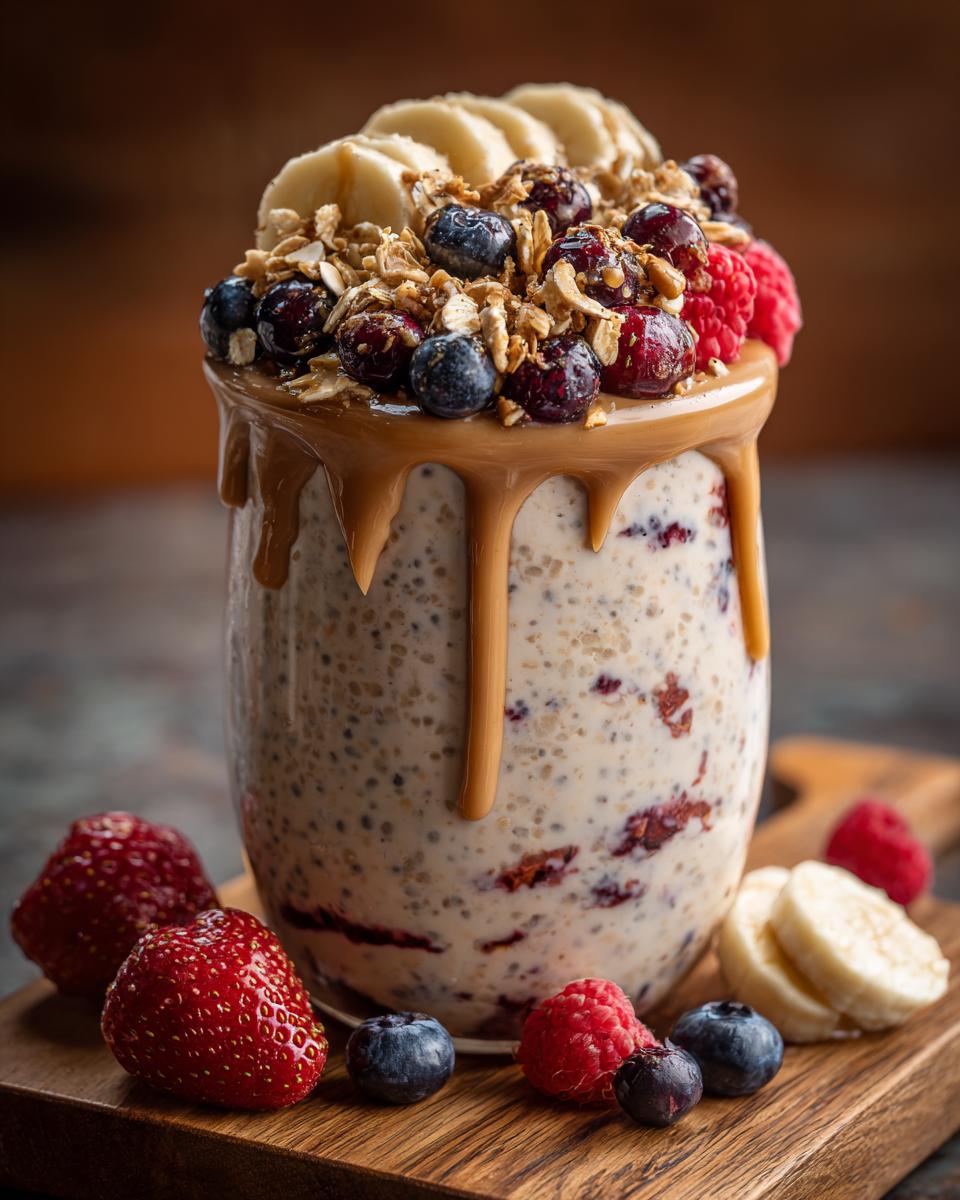 A tall glass of high protein overnight oats topped with granola, blueberries, raspberries, and banana slices, with a drizzle of peanut butter.