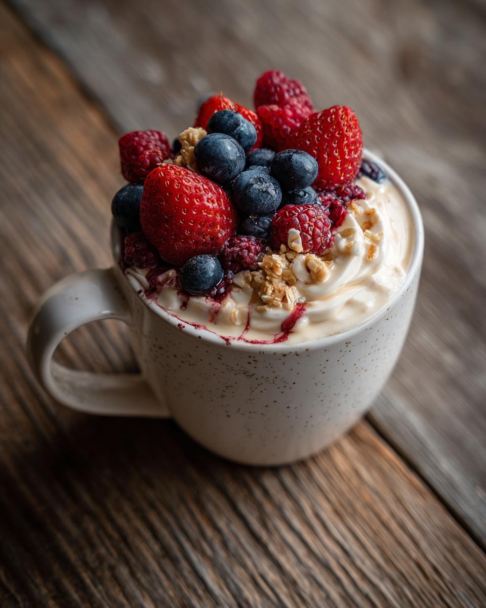 A mug filled with high protein overnight oats, topped generously with fresh strawberries, blueberries, raspberries, and granola.