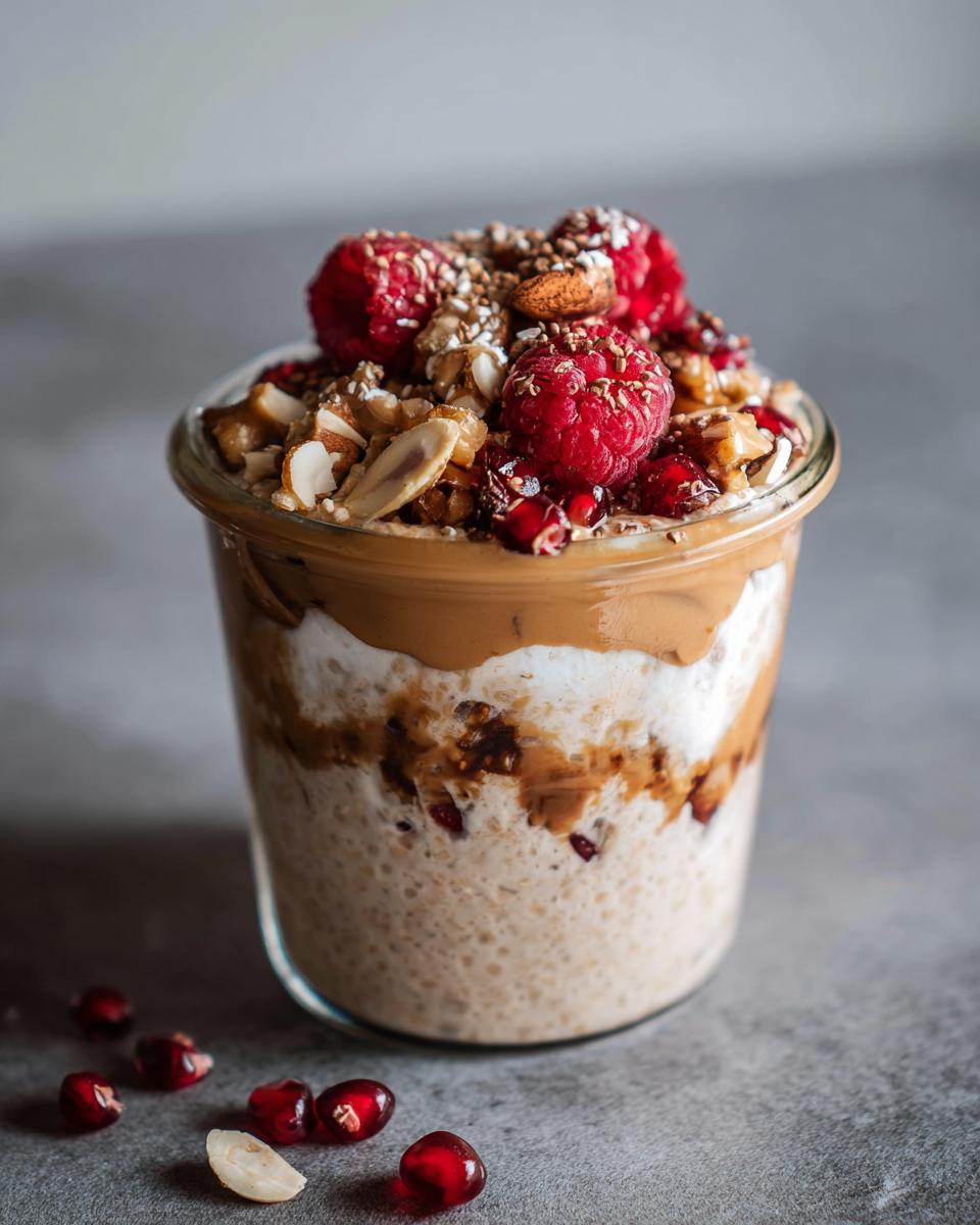 A delicious glass of high protein overnight oats topped with raspberries, almonds, pomegranate seeds, and crunchy seeds.