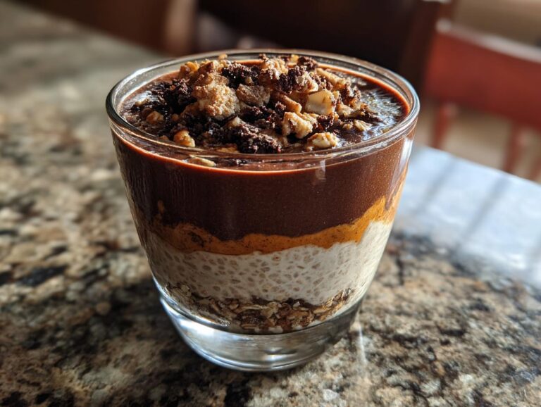 A layered glass of high protein overnight oats with peanut butter, chocolate pudding, and a crunchy topping.