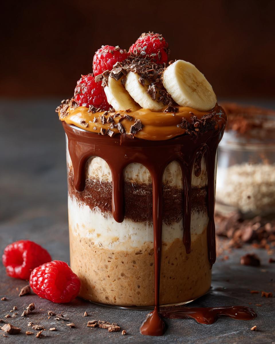 A decadent jar of high protein overnight oats layered with peanut butter, yogurt, and chocolate, topped with raspberries, banana slices, and chocolate shavings.