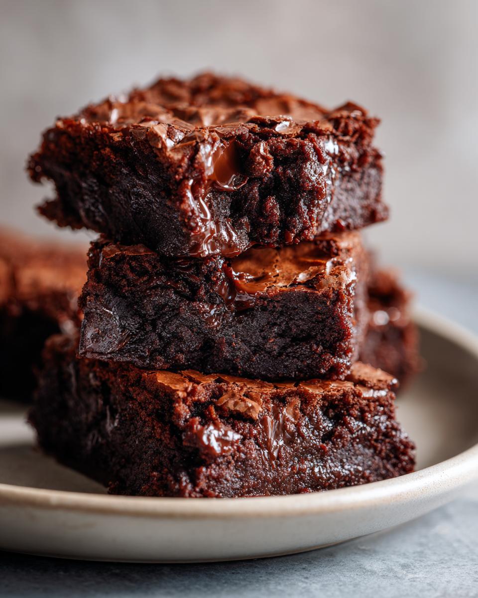 A close-up of a stack of three rich, fudgy homemade brownies with melted chocolate chips.