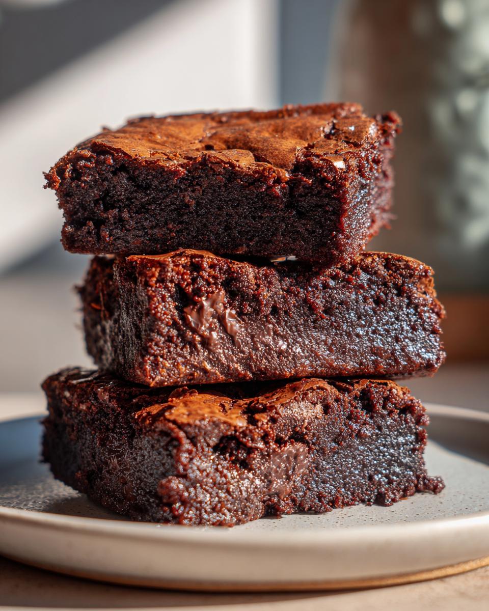 Three rich, dark chocolate homemade brownies stacked on a plate, showcasing a fudgy texture.