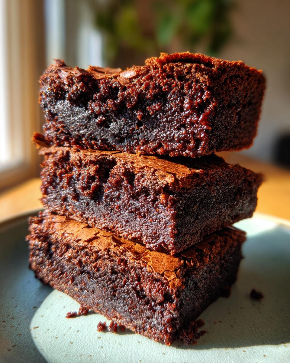 A stack of three rich, fudgy homemade brownies on a speckled plate, with a soft focus background.