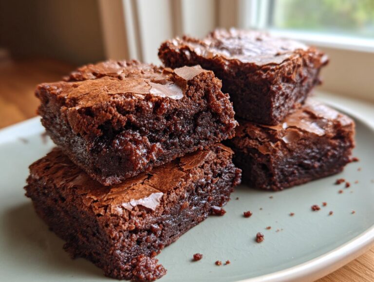 A stack of rich, fudgy homemade brownies with a crackled top on a light green plate.