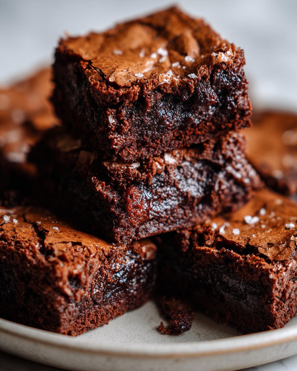 A close-up of a stack of rich, fudgy homemade brownies topped with flaky sea salt.