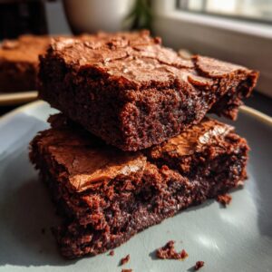 A close-up of two rich, fudgy homemade brownies stacked on a light blue plate, with a window in the background.