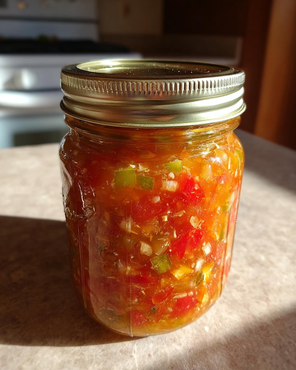 A close-up of a glass jar filled with chunky homemade canned salsa, featuring red tomatoes, green peppers, and onions.