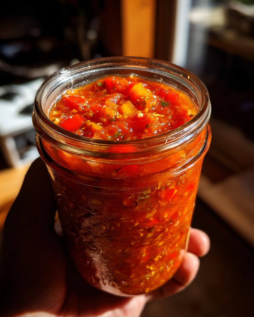 A hand holds a glass jar filled with vibrant, chunky homemade canned salsa, showcasing tomatoes, peppers, and herbs.