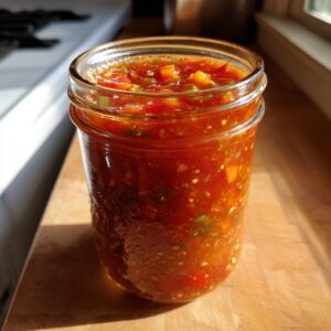 A close-up of a glass jar filled with vibrant, chunky homemade canned salsa.