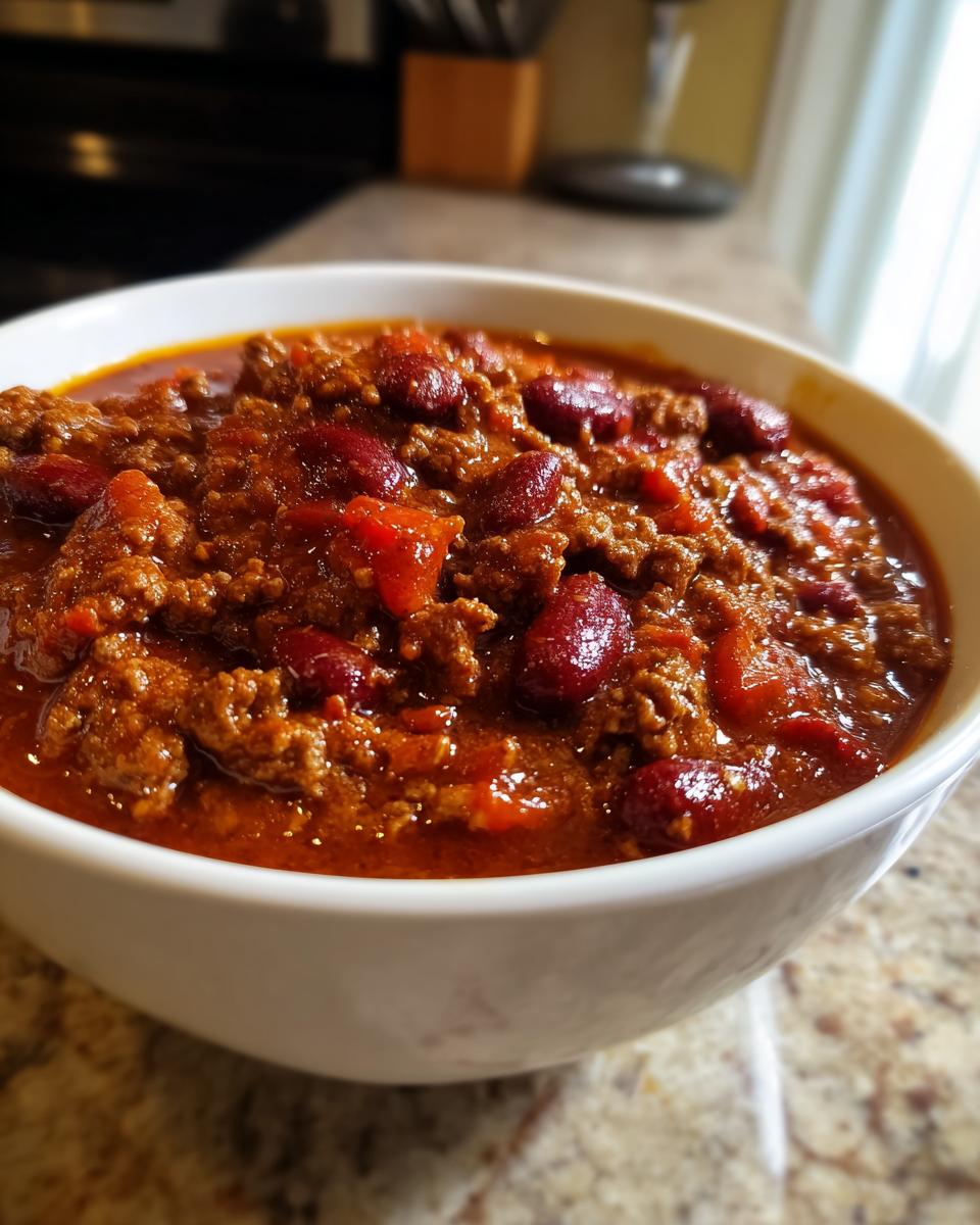 A close-up of a bowl of hearty homemade chili, featuring ground beef, kidney beans, and tomatoes in a rich sauce.
