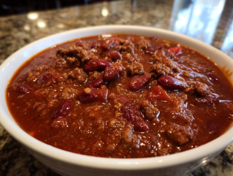 Close-up of a bowl of hearty homemade chili with ground beef and kidney beans.