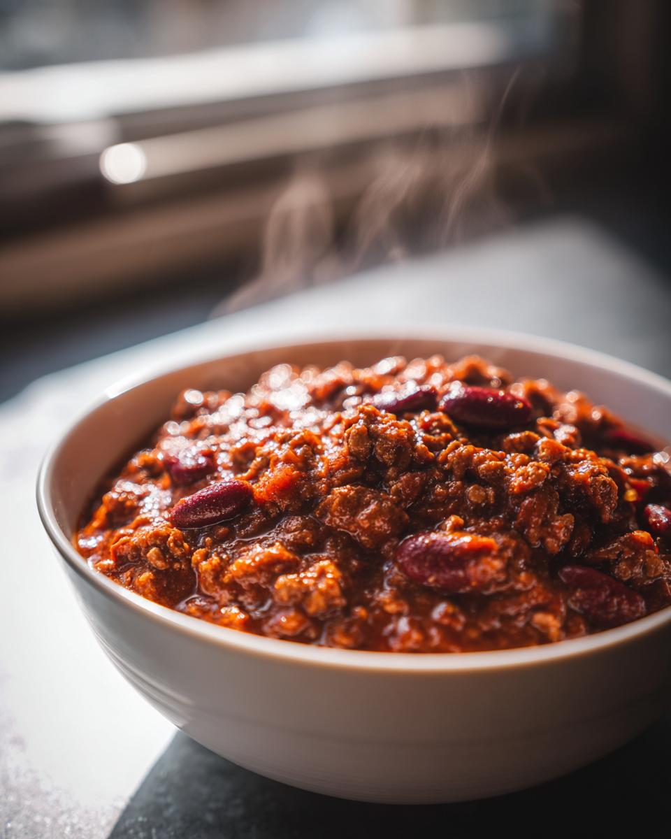 A close-up of a steaming bowl of hearty homemade chili with kidney beans and ground meat.