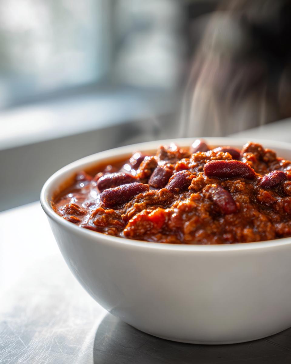 A close-up of a steaming bowl of hearty homemade chili with kidney beans and ground meat.