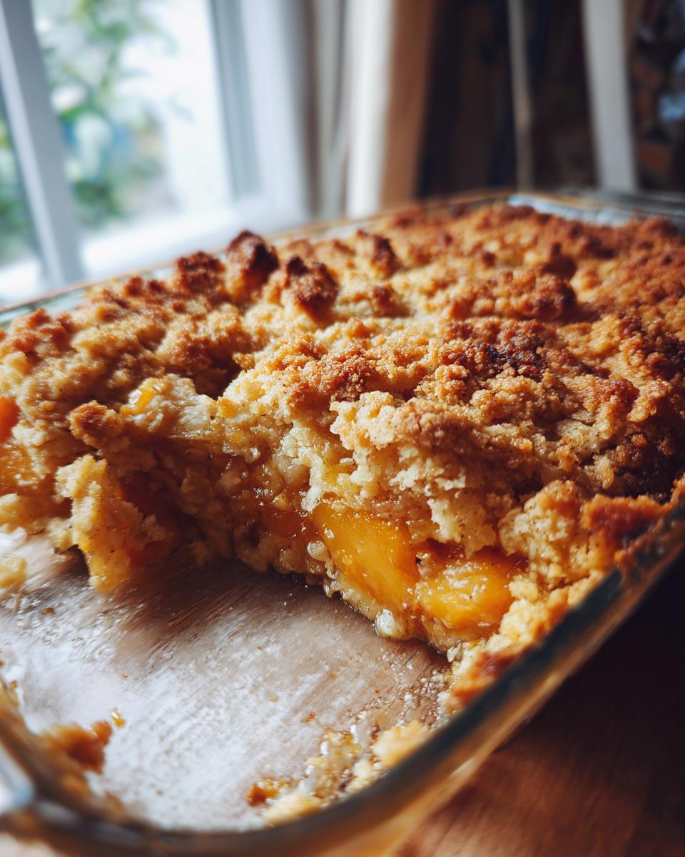 Close-up of a golden-brown homemade peach cobbler with a crumbly topping in a glass baking dish.