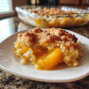 A close-up of a serving of homemade peach cobbler on a white plate, showcasing juicy peaches and a golden crumb topping.