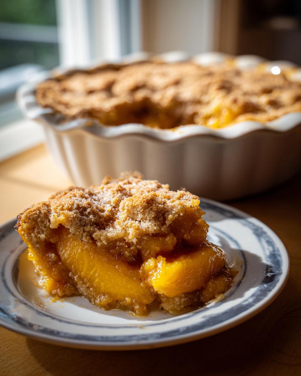 A close-up of a delicious slice of homemade peach cobbler on a plate, with the rest of the cobbler in the background.