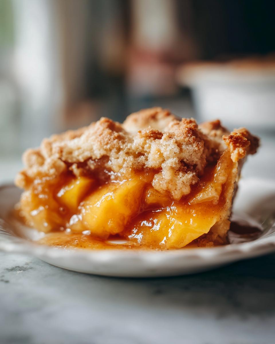 A close-up of a slice of homemade peach cobbler, showing juicy peaches and a crumbly topping.