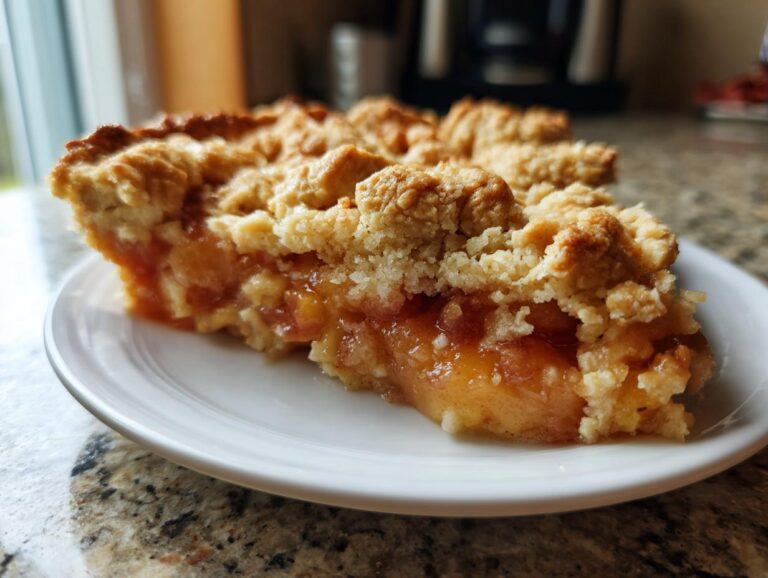 A close-up of a delicious slice of homemade peach cobbler with a golden-brown crumble topping.